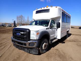 2011 Ford F-550 XL Super Duty 4X4 15-Passenger Forest River Glaval Bus c/w 6.8L V8 Gas, A/T, 19,500lb GVWR, 6500lb Fronts, 14,706lb Rears, A/C and 225/70R19.5 Tires. Showing 152,461kms.  VIN 1FDGF5HY4BEC17251 (Conversion SN 5NHBGEA22BF012343) *Note: Driver Seat Torn, Dents in Hood* (FORT SASKATCHEWAN YARD)