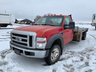 2008 Ford F550 XL Super Duty 4X4 Regular Cab Flat Deck c/w 6.4L Power Stroke V8 Turbo Diesel, Auto, 13ft. X 8ft. Deck w/ (2) Storage Cabinets, 225/70R19.5 Tires. Showing 183,898 Miles, VIN 1FDAF56R78EC32269 *Note: Runs, Does Not Drive, Windshield Cracked* (HIGH RIVER YARD)