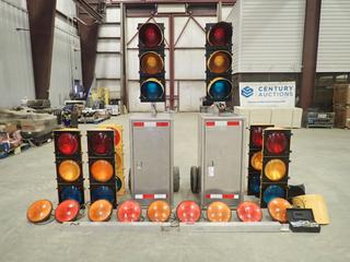 (2) Portable Traffic Light Control Storage Boxes c/w Primeline Street 120VAC/12VDC Traffic Light Control Sequencer, Traffic Signal Light Signs And Light Visors *Note: Working Condition Unknown* (FORT SASKATCHEWAN YARD)