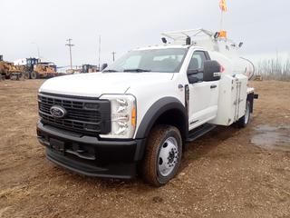 2023 Ford F550 XL Super Duty 4X4 Dually Fuel Truck c/w 6.7L Power Stroke V8 Turbo Diesel, 10-Spd A/T, 19,500lb GVWR, 7000lb Fronts, 14,706lb Rears, Backup Camera, Leather Seats, Eberspacher Preheat, Wabash Mfg M0-50735 4603L Fuel Tank, Hannay Reels Auto-Retract Fuel Hose Reel, Flo-Rate Flow Meter, Hypro Pump, Graco Auto-Retract DEF Reel, Retractable Roof Headache Tack And 225/70R19.5 Tires. Shows 9 Engine Hours, 93kms. VIN 1FDUF5HT3PDA02156 
