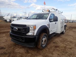 2022 Ford F550 XL Super Duty 4X4 Dually Fuel Truck c/w 6.7L Power Stroke Turbo Diesel, 10-Spd, 19,500lb GVWR, 7000lb Fronts, 14,706lb Rears, Voyager Backup Camera, Wabash M0-50735 4560L Fuel Tank, Hannay And Graco Auto Retract Hose Reel, Aux Heater/GPI Flow Meter, Retractable Hand Rail Headache Rack And 225/70R19.5 Tires. Showing 27,543kms. VIN 1FDUF5HT4NEE47285