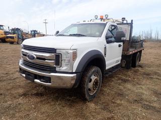 2018 Ford F550 XLT Super Duty 4X4 Dually Flat Deck Fuel Truck c/w 6.8L V8, 6-Spd A/T, 18,00lb GVWR, Ventures 12ft X 8ft Deck, Dymac ACV-2000L 1918L Fuel Tank, UWF Auto-Retract Fuel Hose Reel, GPI Fuel Meter And 225/70R19.5 Tires. Showing 84,904kms. VIN 1FDUF5HYXJEC22438 *Note: Center Console Screen Damaged, Tears In Drivers Seat And Floor*
