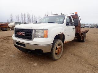 2013 GMC 3500 HD 4X4 Dually Flat Deck Truck c/w Vortec 6.0L, A/T, 13,200lb GVWR, 11ft X 92in Deck And LT235/80R17 Tires. Showing 178,704kms. VIN 1GD322CG9DF135598 *Note: Rust Throughout Body, Tears on Seat*