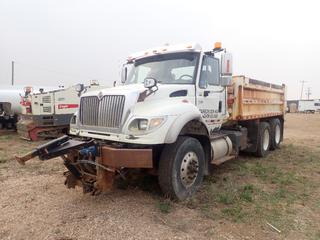 2007 International 7600 T/A Dump Truck c/w CAT C13 Acert Diesel, 18-Spd Eaton Fuller Transmission, Cirus Control EZ Spread PTO, FGI 15ft X 100in Dump Box, Tenco Snow Plow Hitch, 315/80R22.5 Front And 11R24.5 Rear Tires. Showing 16,419hrs, 170,162kms. VIN 1HTWYSBT87J389662 *Note: No Tailgate, Drive Shaft Between Rear Axles Missing Unused Axle Located In Cab* 