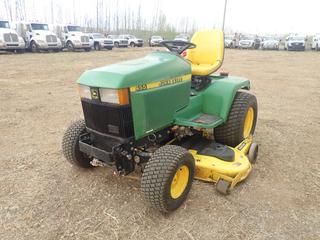 John Deere 455 Ride On Mower c/w John Deere 3TNA72UJ3 22hp Diesel Engine, 60in Deck, 18X8.50-8NHS Front And 26X12.00-12NHS Rear Tires. Shows 1221hrs