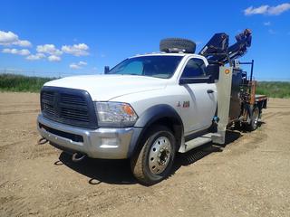 2012 Ram 5500 Dually Flat Deck Picker Truck c/w Cummins 6.7L Turbo Diesel, 6-Spd A/T, HIAB 077BS-3CLX 4-Stage Picker s/n BL077CL00035, Fifth Wheel Hitch, (2) Outriggers, Storage Boxes, Tool Trays, Spare Tire And 225/70R19.5 Tires. CVIP 09/2024. Showing 9084hrs, 147,323kms. VIN 3C7WDNCL4CG310947 *Note: 4X4 Not Working Requires Service* (FORT SASKATCHEWAN YARD) *PL#94*