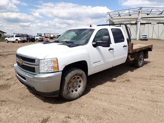 2012 Chevrolet Silverado 3500HD 4X4 Crew Cab Flat Deck Truck c/w 6.0L V8 Vortec, A/T, 104in X 7ft Deck, 11,000lb GVWR, Hidden Fifth Wheel Hitch And LT265/70R18 Tires. Showing 232,641kms. VIN 1GC4K0CG0CF145030 *Note: Windshield Cracked* (FORT SASKATCHEWAN YARD)