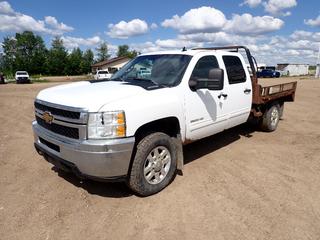 2012 Chevrolet Silverado 3500HD 4X4 Crew Cab Flat Deck Truck c/w Vortec 6L, A/T, 104in X 7ft Deck, 11,000lb GVWR And LT265/70R18 Tires. Showing 393,691kms. VIN 1GC4K0CG4CF230193 *Note: Rust Spots Throughout Body, Windshield Wiper Missing* (FORT SASKATCHEWAN YARD)