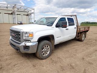 2016 GMC Sierra 3500HD 4X4 Crew Cab Flat Deck Truck c/w 6.0L Vortec, A/T, 104in X 7ft Deck, Backup Camera And LT275/65R18 Tires. Showing 375,636kms. VIN 1GT42VCG2GF292789 *Note: Backup Camera Needs Service, Dent In Back Drivers Door* (FORT SASKATCHEWAN YARD)