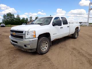 2012 Chevrolet Silverado 3500HD 4X4 Crew Cab Pickup c/w Vortec 6L, A/T And LT275/65R18 Tires. Showing 375,762kms. VIN 1GC4K0CG9CF210568 *Note: Rust Throughout Body, No Back Seat, Tailgate Handle Broke* (FORT SASKATCHEWAN YARD)