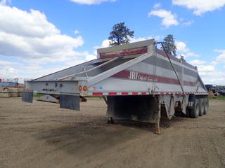 1999 Midland 38ft Tri-Axle Belly Dump Trailer c/w 2 Hopper, Clam Gates, A/R Susp, Push Block, Manual Roll Tarp, 11R24.5 Tires. CVIP 02/2025. VIN 2MFB2S4D0XR000442 (LOCATED IN EDSON)