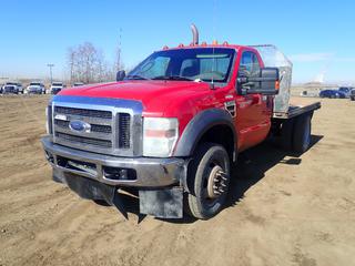 2008 Ford F550 Super Duty 4X4 Crew Cab Flat Deck c/w 6.4L Power Stroke V8 Turbo Diesel, Manual Transmission, 10.5ft. X 8ft. Deck, 225/70R19.5 Tires. Showing 125,374kms. VIN 1FDAF57R78EA58900 *Note: Dents In Hood, Rust/Paint Chips Throughout Body* (FORT SASKATCHEWAN YARD) 