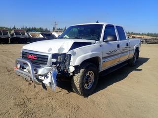 2006 GMC Sierra SLE 4X4 Crew Cab Pickup c/w 6.0L Vortec, A/T And LT265/75R16 Tires. Showing 266,668kms.  VIN 1GTGK13U26F155605 *Note: Running Condition Unknown, Fender And Front Damaged, Windshield Cracked* (LOCATED IN EDSON) *PL#80*