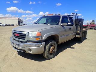 2004 GMC Sierra 3500 Ext Cab 2WD Dually Flat Deck Truck c/w 6.0L Vortec, A/T, 11,400lb GVWR, 9ft X 8ft Deck And LT215/85R16 Tires. Showing 277,039kms. VIN 1GDJC39U64E312329 *Note: Front Spoiler Cracked, Windshield Cracked* (LOCATED IN EDSON)