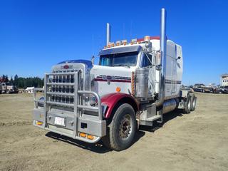 2002 Peterbilt 379 T/A Sleeper Truck Tractor c/w CAT C-16 600hp Diesel, 18-Spd, Chelsea PTO, 72in Sleeper, A/R Susp, Chain Cabinets, 60,600lb GVWR, 14,600lb Front, 46,000lb Rears, 286in WB, 385/65R22.5 Front And 11R24.5 Rear Tires. CVIP 08/2024. Showing 9812hrs, 1,067,804kms. VIN 1NP5DB0X52D573211 (LOCATED IN EDSON)