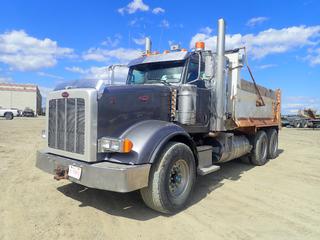 2013 Peterbilt 367 T/A Gravel Truck c/w Cummins ISX 15 550hp 15L Diesel, 62,000lb GVWR, 16,000lb Fronts, 23,000lb Rears, Webasto Preheat, Bibeau 16ft Box, Electric Rollover Tarp, A/R Susp, 218in WB, 424/65R22.5 Front And 11R24.5 Rear Tires. Showing 20,194hrs, 765,697kms. VIN 1NPTL40X7DD188905 (LOCATED IN EDSON)