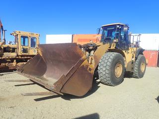 2006 Caterpillar 980H Wheel Loader c/w C15 Diesel, 4-Spd A/T, AC/Heater, Fire Suppression, Hyd Q/C, Q/C CAT 8ft Forks, Q/C CAT 11ft Bucket And 29.5R25 Tires. Showing 20,268hrs. PIN CAT0980HHJMS01667 (LOCATED IN ACHESON) *PL#664*