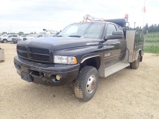 2001 Dodge Ram 3500 Sport 4X4 Ext Cab Dually Pickup c/w Cummins 24-Valve 5.9L Turbo Diesel, 4-Spd Manual, 11,000lb GVWR, Thermo King Service Body w/ Tool Trays/Storage Compartments, Auto Crane Lift 3-Stage Picker, Manchester Air Tank, Gray Tools 6in Vise, Pintle/2in Ball Hitch And LT235/85R16 Tires. Showing 1960hrs, 119,258kms. VIN 1B7MF33691J268381 *Note: Running Condition Unknown* (LOCATED IN ACHESON)