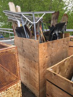 Crate of Shovels, Rakes, Sledge Hammers, Chippers, Pry Bars, Log Grabbers, Etc (HIGH RIVER YARD)