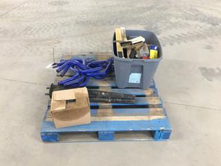 Pallet of Assorted Automotive Parts, 1/2in Banding Clips, Tote with Miscellaneous Truck Parts, Mudflap Bracket, Etc (HIGH RIVER YARD)