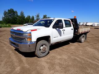 2015 Chevrolet Silverado 3500HD 4X4 Dually Flat Deck Truck c/w Vortec 6.0L, A/T, 13,200lb GVWR, 9ft X 92in Deck, Hidden Fifth Wheel Hitch And LT235/80R17 Tires. Showing 147,358kms. VIN 1GB4KYCG3FF107895 *Note: Runs, Missing Bolt In Engine Block, Leaking Coolant, Tears On Seat* (FORT SASKATCHEWAN YARD)