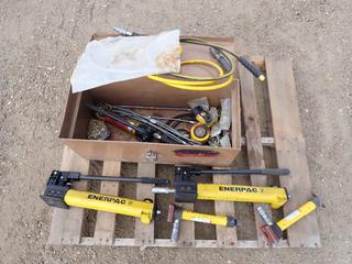 (2) Enerpac P391 Hydraulic Hand Pumps c/w Enerpac P142 Hand Pump, RC102 10-ton, RCS201 20-Ton, (2) RC57 5-Ton Hydraulic Cylinders And Knaack 28in x 12in x 12in Storage Box (FORT SASKATCHEWAN YARD)