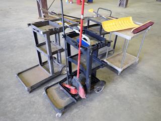 (2) Rubbermaid 6150 Janitorial Carts c/w (2) Portable Shop Carts, Wheelbarrow, Shovels, Ice Chipper And Broom (FORT SASKATCHEWAN YARD) 