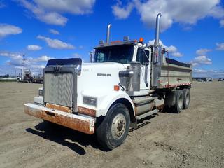 1995 Western Star 4964F T/A Dump Truck c/w CAT 3406C 425hp Diesel, Eaton Fuller 18-Spd, 272,723Kg GVWR, 15ft Box, Manual Rollover Tarp, 222in WB, 12R22.5 Front And 11R24.5 Rear Tires. Showing 716,780kms. VIN 2WLPDCCH6SK939349 (LOCATED IN EDSON)