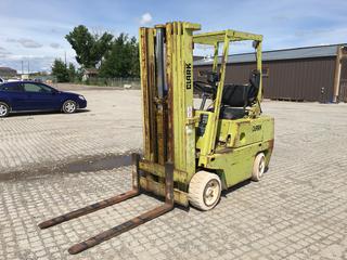 Clark C500-50 Forklift, 4cyl LPG, 4-Stage Mast, 48in Forks, 3500lb Capacity, 18 x 8 x 12-1/8 Tires, Showing 5803 Hrs, S/N 355-151-1426 *Note Hydraulic Cylinder Leaks* (HIGH RIVER YARD)