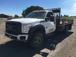 2013 Ford F550 Super Duty 4x4 Deck Truck c/w 6.7L Powerstroke V8 Turbo Diesel, Auto, Tow Package, Floor Shift 4x4, Locking Hubs, AS550 Control Module, Headache Rack, Tool Chest, Fire Extinguisher, Spare Tire, 13ft x 8ft Deck, 225/70R19.5 Tires, Showing 140,027kms, S/N 1FDUF5HT6DEB67690 *Note - Passenger Running Board Damaged, Door Handle Cover Cracked* (HIGH RIVER YARD)