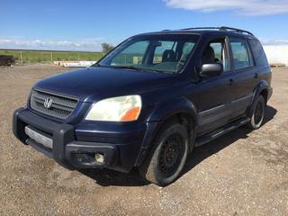 2004 Honda Pilot AWD c/w 3.5L V6 Engine, Auto, ST235/55R17 Front And 235/50R17 Rear Tires, Showing 425,759kms, S/N 2HKYF18124H001857 *Note - Front Tire Leaks Air, Dents, Rust, Only Drivers Window Works, Engine Light On* (HIGH RIVER YARD)