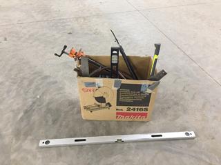 Assorted Levels, Squares, Pipe Clamps, Drywall Saws, Hand Saws, Axe, Etc (HIGH RIVER YARD)