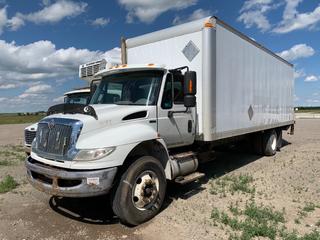 2012 International 4300 Durastar S/A Van Body Truck c/w 230HP 7.6L Maxxforce, Auto, A/C, Air Ride Susp., 26 Ft. Van Body, Hyd. Power Tailgate, Roll Up Door, 11R22.5 Tires, Cannot Verify Kms, VIN 1HTMMAAP2CH678703 *Note: No Key, Unknown Running Condition (High River Yard)