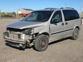 2008 Chevrolet Uplander LS Mini Van c/W 3.9L V6, Auto, A/C, TV/DVD, 215/60 R17 Tires, Showing 276,659 Kms, VIN 1GNDU23W08D125402 *Note: Requires Repair, Parts Inside, Starts/Runs* (High River Yard)