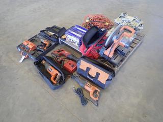 Ridgid 14in Abrasive Cut-Off Saw, Mastercraft Caliper, Ridgid 18V 1/2in Drill, Ridgid Reciprocating Saw, Ridgid R2850 Multi-Tool, Digital Multi-Tester, Hilti WSR 18-A Reciprocating Saw, Extension Cords, Gloves And Assorted Supplies (FORT SASKATCHEWAN YARD)