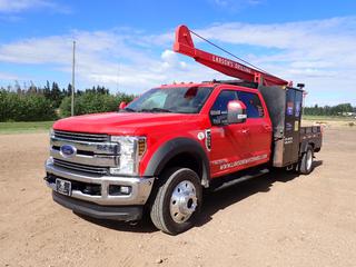 2018 Ford F-550 Lariat Super Duty 4X4 Crew Cab Dually Water Well Service Truck c/w 6.7L Diesel, 18,000lb GVWR, A/T, Backup Camera, 2-Stage Picker, Ramsey Winch, 2-Speed Gearbox, Hose Reel w/ Remote, Tool Boxes, (2) Hyd Riggers, Pintle/2in Ball Hitch, Shop Fox Vise, Pipe Vise And 225/70R19.5 Tires. Showing 1396 Idle Hrs, 3231hrs, 148,656kms. VIN 1FD0W5HT9JEB55186 *Note: Windshield Cracked*