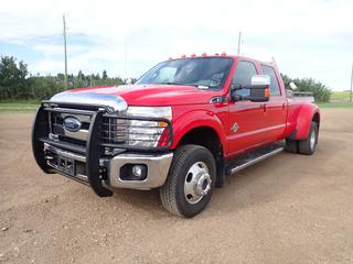 2011 Ford F350 Super Duty Lariat 4X4 Crew Cab Dually Pickup c/w 6.7L Diesel, A/T, Backup Camera, Sun Roof, Fuel Tank w/ GPI Pump, Hose And Nozzle, Storage Toolbox, Headache Rack w/ Side Rails And LT245/75R17 Tires. Showing 2320 Idle Hrs, 6604hrs, 343,904kms. VIN 1FT8W3DT4BEC79224 *Note: Engine Light On, Windshield Cracked*