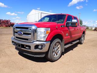 2011 Ford F350 Super Duty Lariat 4X4 Crew Cab Pickup c/w 6.7L Diesel, A/T, Backup Camera, Sun Roof, Fuel Tank w/ Fill-Rite 12V Pump, Hose And Nozzle, Headache Rack w/ Side Rails And LT275/65R20 Tires. Showing 1057 Idle Hrs, 4468hrs, 261,700kms. VIN 1FT8W3BT9BEB84337 *Note: Windshield Cracked*