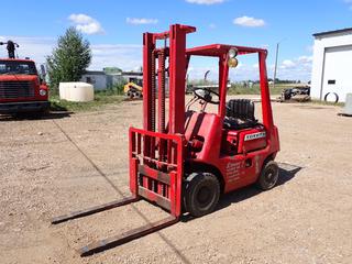 Toyota FG14 Forklift c/w 4-Cyl Gas Engine, 2-Stage Mas And 42in Forks *Note: Seat Torn, Has Gas Leak, Runs Rough, Unable To Verify Hours*