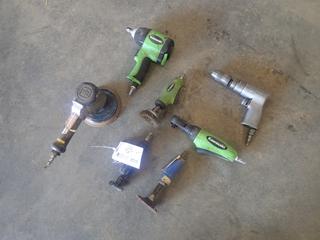 Qty Of Assorted Pneumatic Tools Including: Kawasaki 1/2in Pneumatic Impact Wrench, 3/8in Ratchet Wrench, Die Grinder, Ingersoll Rand 3/8in Ratchet Wrench And Palm Sander 