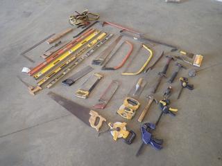 Qty Of Levels, Measuring Tapes, Hammers, Pry Bars, Booster Cables, Hand Saws, Clamps And Assorted Hand Tools