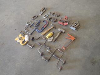 Qty Of Hammers, Measuring Tape, Hand Drills, Pipe Vise, 2in - 8in C-Clamps And Assorted Supplies