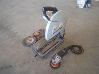 1998 Trade Master 120V 14in Cut Off Saw c/w 120V Angle Grinder, Cut Off Blades And Grinding Discs