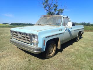 1976 Chevrolet Scottsdale 10 Pickup c/w 350 V8 Engine, 5300lb GVWR, Snow Fence w/ PostsP225/75R15 Front And P235/75R15 Rear Tires. Showing 87,835 Miles. VIN CCL1471117303 *Note: No Key, Running Condition Unknown, Buyer Responsible For Removal*