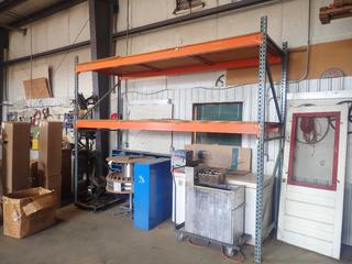 Qty Of Pallet Racking Including: (2) 10ft X 4ft Uprights, (4) 12ft Crossbeams And Plywood Shelves *Note: Contents Not Included, Buyer Responsible For Dismantle And Removal, Must Bring Own Ladder*