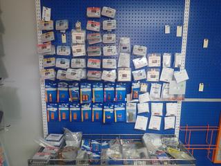 Qty Of Unused Miller .030in - .045in Contact Tips, 5/8in Nozzles, Tip Adapters, MIG Tips, Hypertherm Nozzles, Cable Lugs, Cutting Tips And Assorted Welding Supplies *Note: Contents Only, Racks And Peg Boards Not Included*