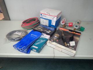 Qty Of Unused Oxy/Acetylene Gauges, Unifold Soft Flame Kit, Blueshield Electrode Holder, Air Liquid Gloves, Western Hose Repair And Assembly Kit, Chipping Hammer, Argon Hoses, Oxy/Acetylene Hoses And Assorted Supplies