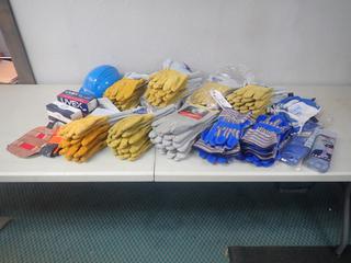 Qty Of Unused Safety Glasses, Cooling Towels, Hard Hat, Head Bands, Blueshield Pipeliner Size Large, XL, Med And Small Welding Gloves, Beanies And Assorted Supplies 