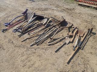 Qty Of Assorted Shovels, Ice Scraper, Rake, Sledge Hammer And Assorted Hand Tools