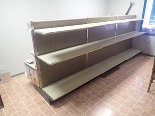 12ft X 34in X 54in Double Sided Display Shelving Unit *Note: Contents Not Included, Located Upstairs, Buyer Responsible For Dismantle And Removal*